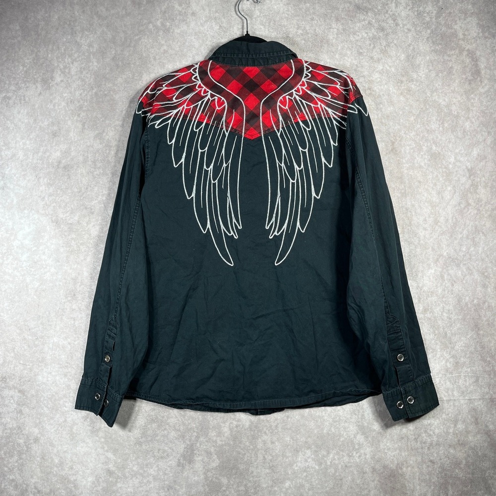 Clench Shirt Mens Size XL Black Red Plaid Angel Wings Western Button Up Cowboy